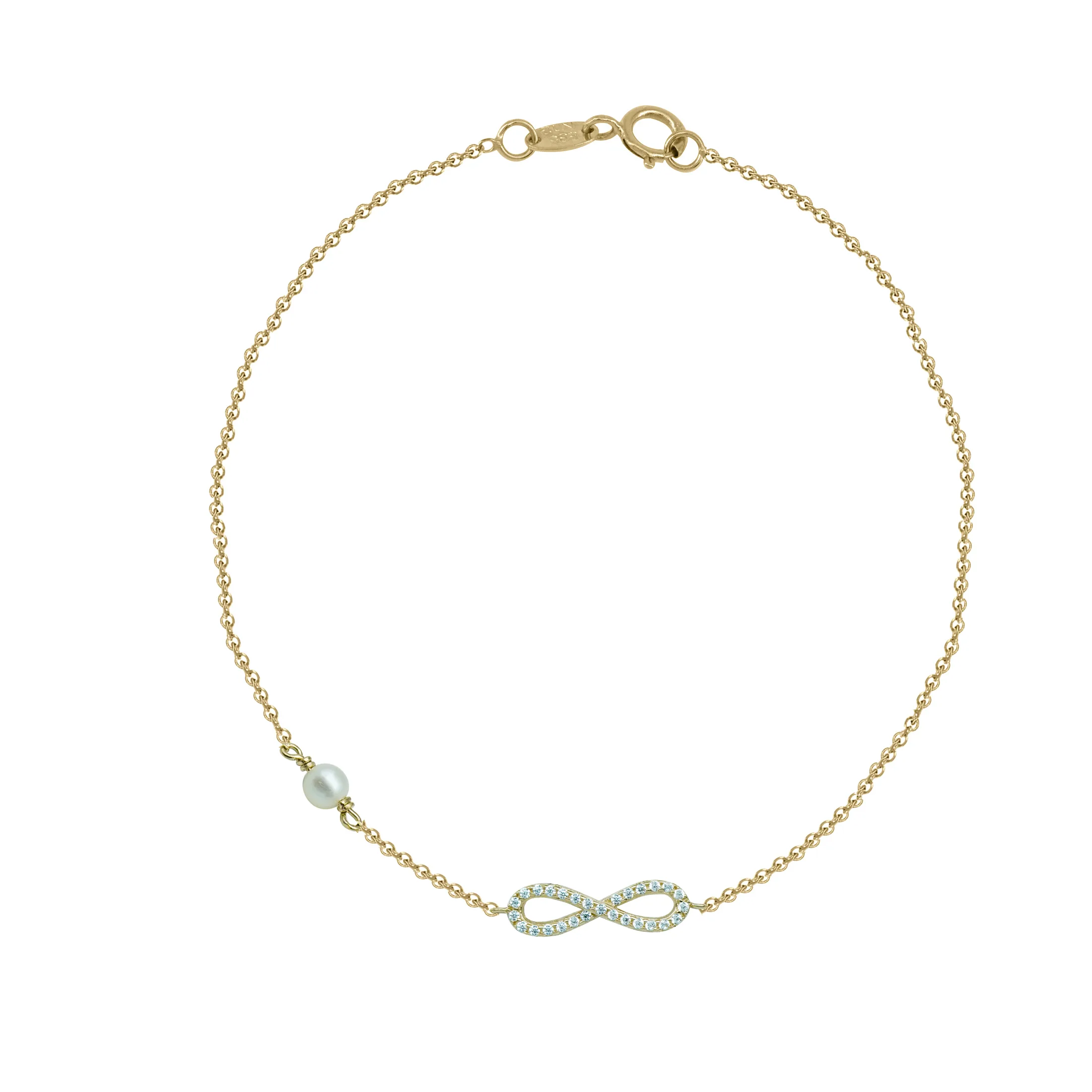 Χρυσό βραχιόλι Κ14 με το σύμβολο του άπειρου, στολισμένο με πέτρες ζιργκόν και ένα μαργαριτάρι