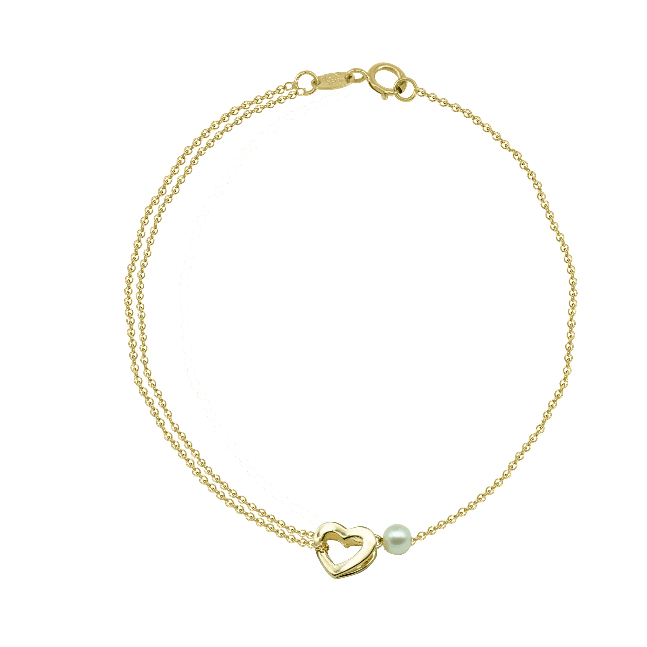 Χρυσό βραχιόλι Κ14 με καρδούλα και μαργαριτάρι, διακοσμημένο με πέτρες ζιργκόν