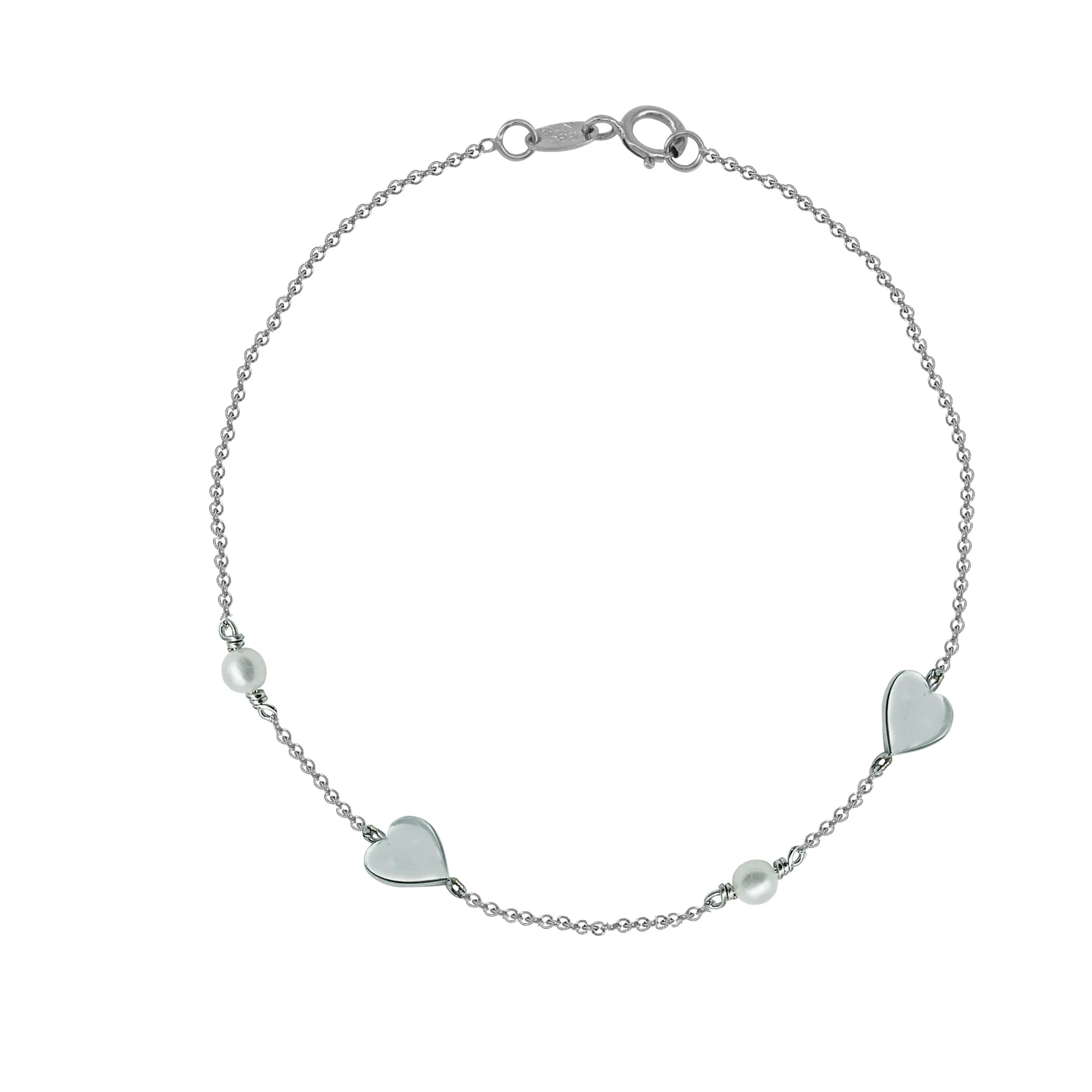 Λευκόχρυσο βραχιόλι Κ14 με καρδιές, ζιργκόν και μαργαριτάρια