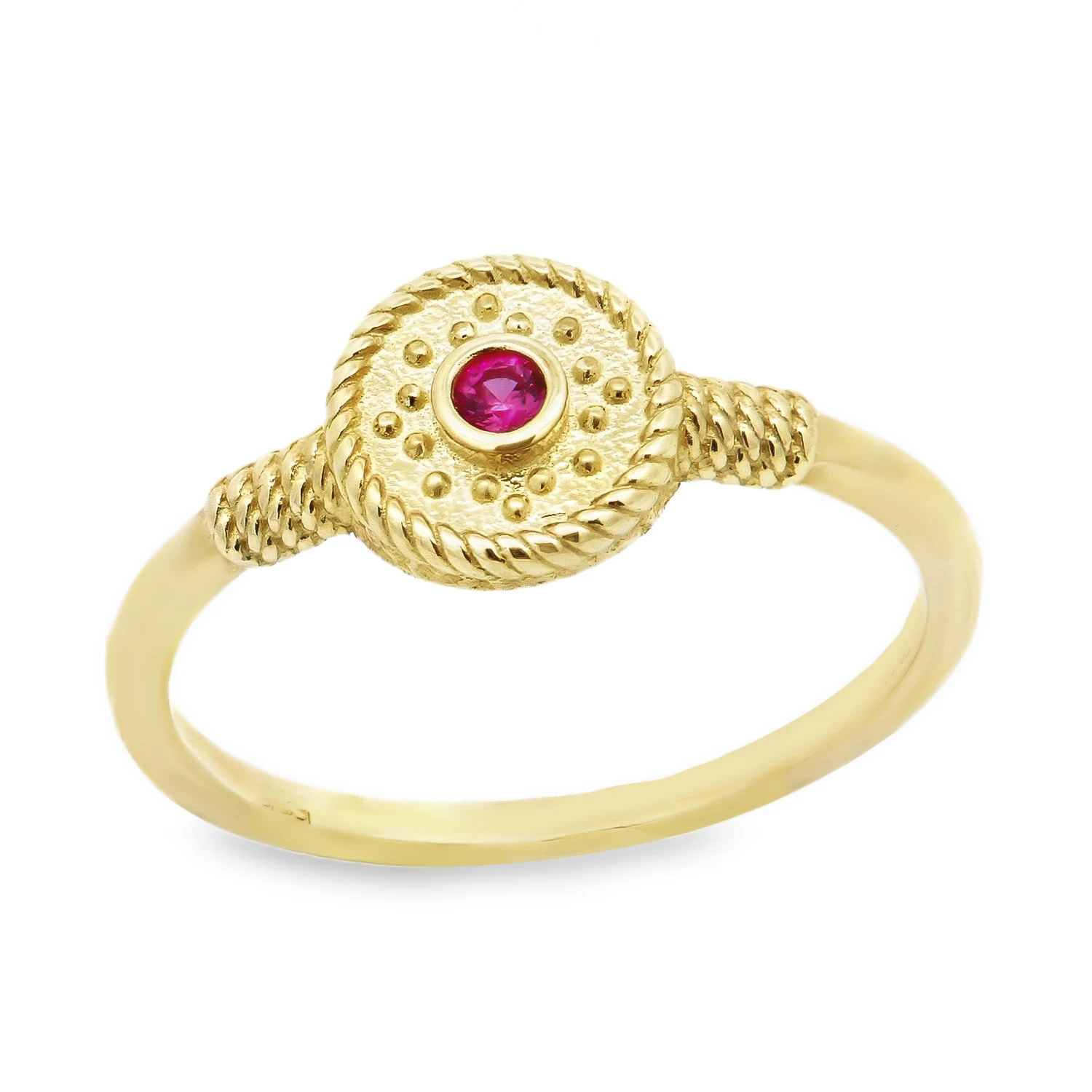 Δαχτυλίδι χρυσό με κόκκινο ζιργκόν και ανάγλυφες λεπτομέρειες