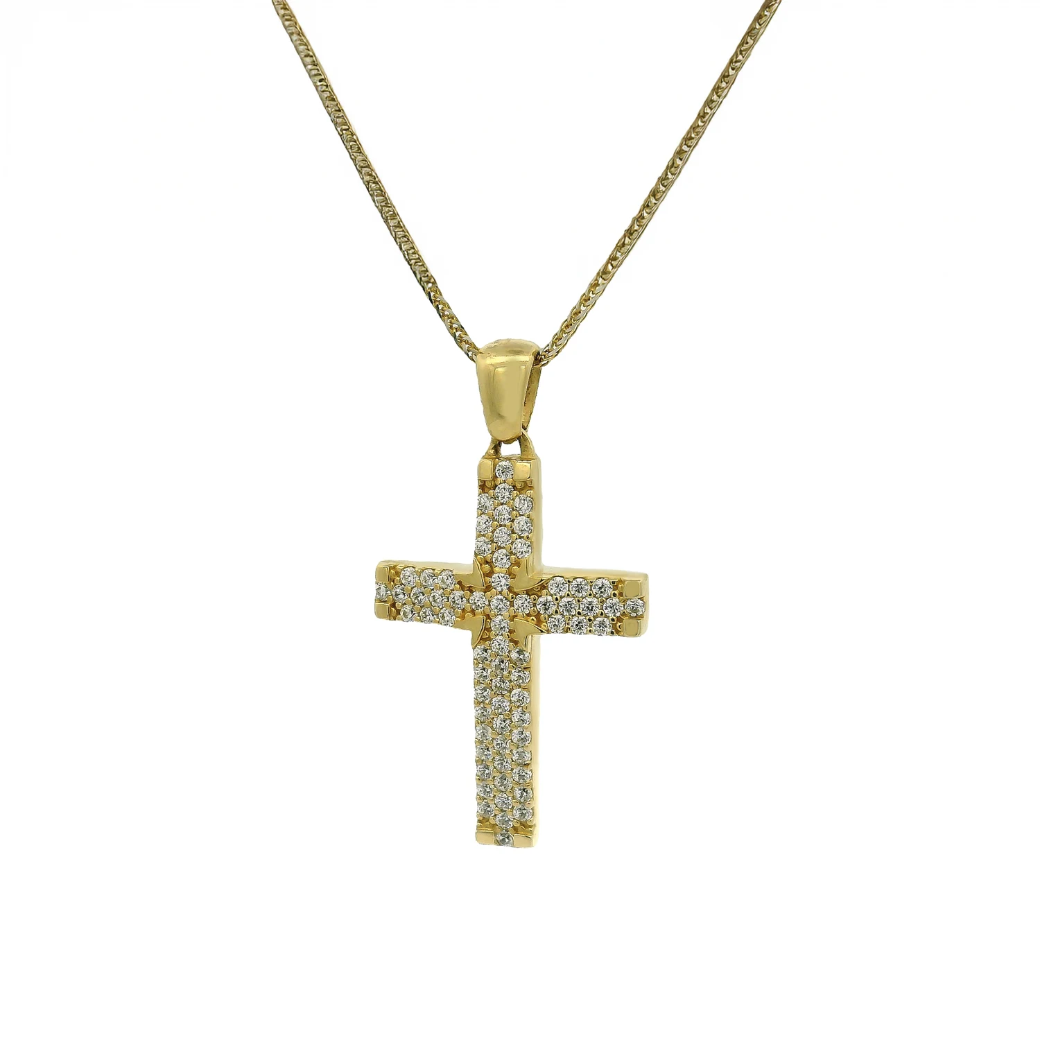 Χρυσός Σταυρός 14Κ Διπλής Όψης με Ζιργκόν Γυναικείος Χρυσός σταυρός 14Κ διπλής όψης με ζιργκόν