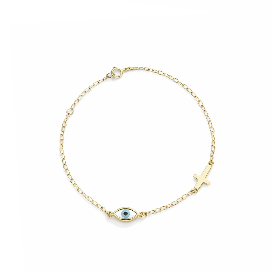 Παιδικό Χρυσό Βραχιόλι με Ματάκι & Σταυρό