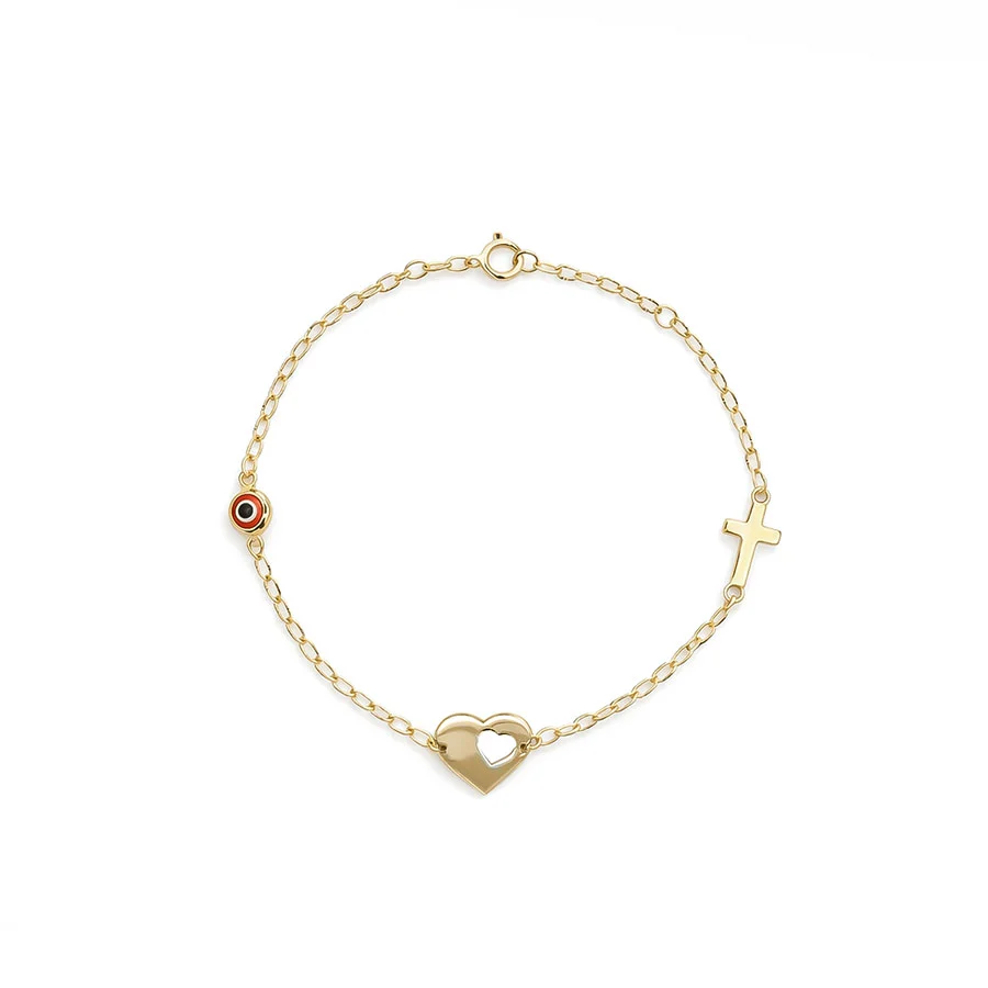 Παιδικό Χρυσό Βραχιόλι με Ματάκι, Σταυρό & Καρδιά Παιδικό Χρυσό Βραχιόλι με Ματάκι, Σταυρό & Καρδιά